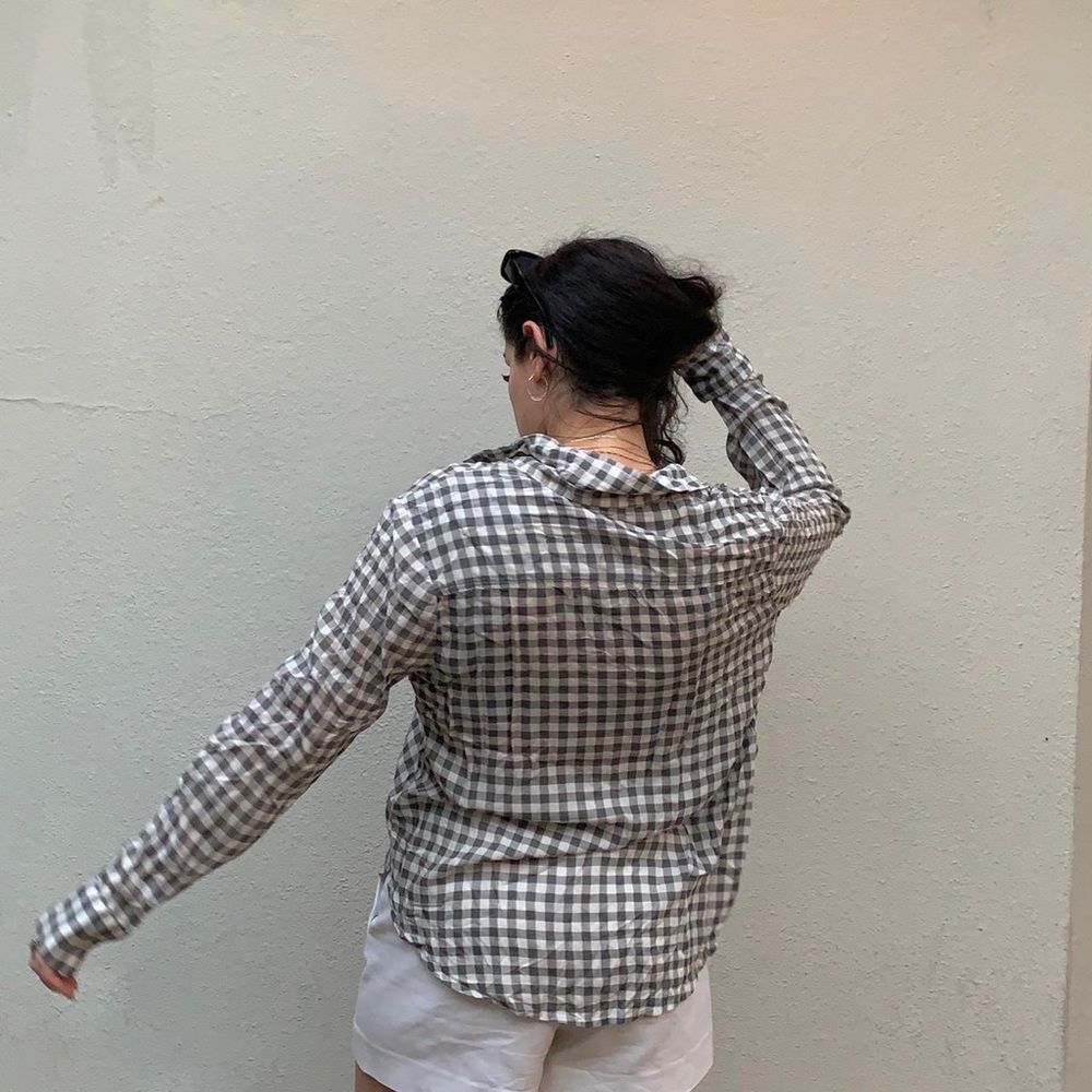 Gray white plaid print button down top
